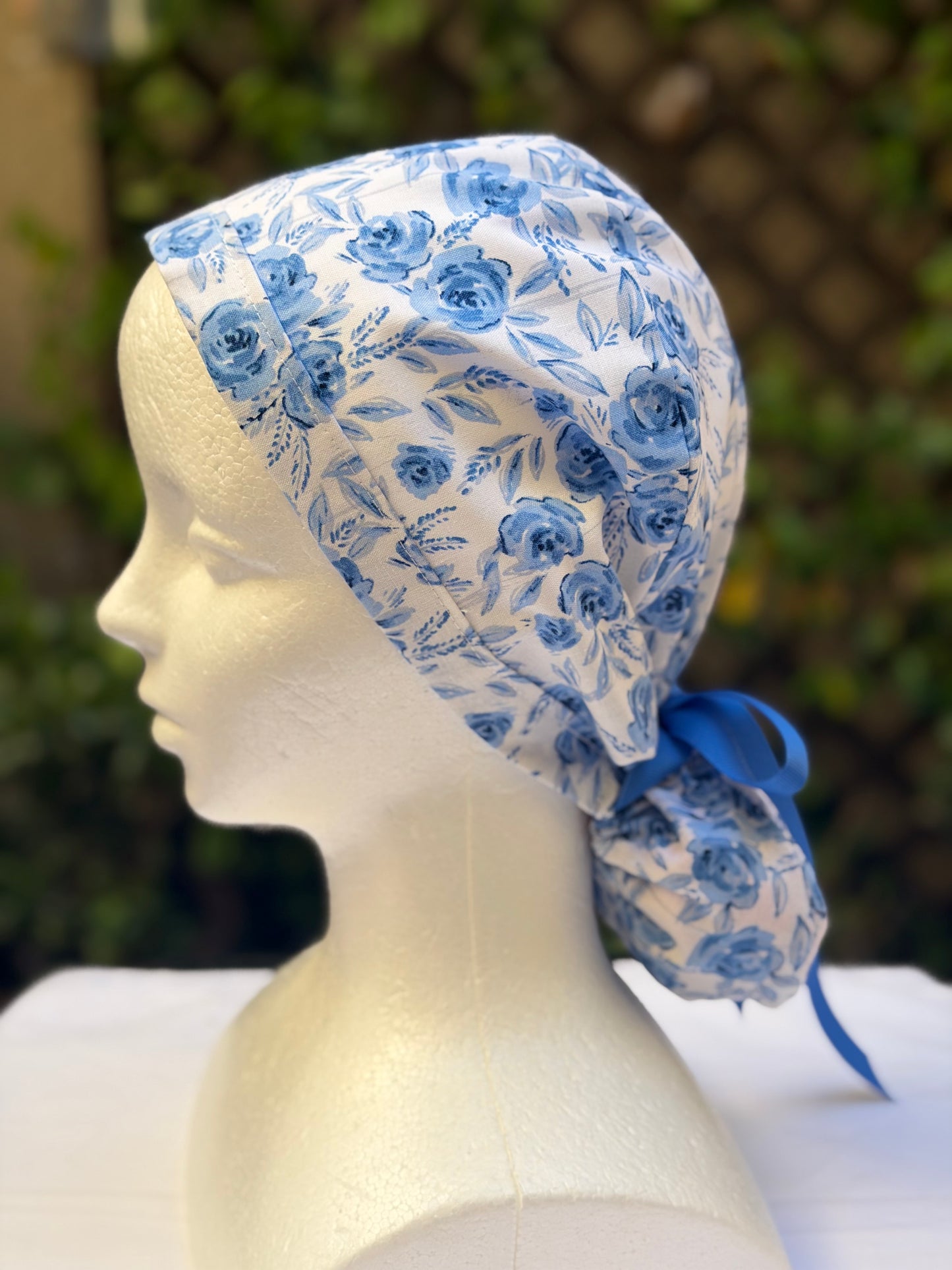 Blue flowers Ponytail Scrub Cap