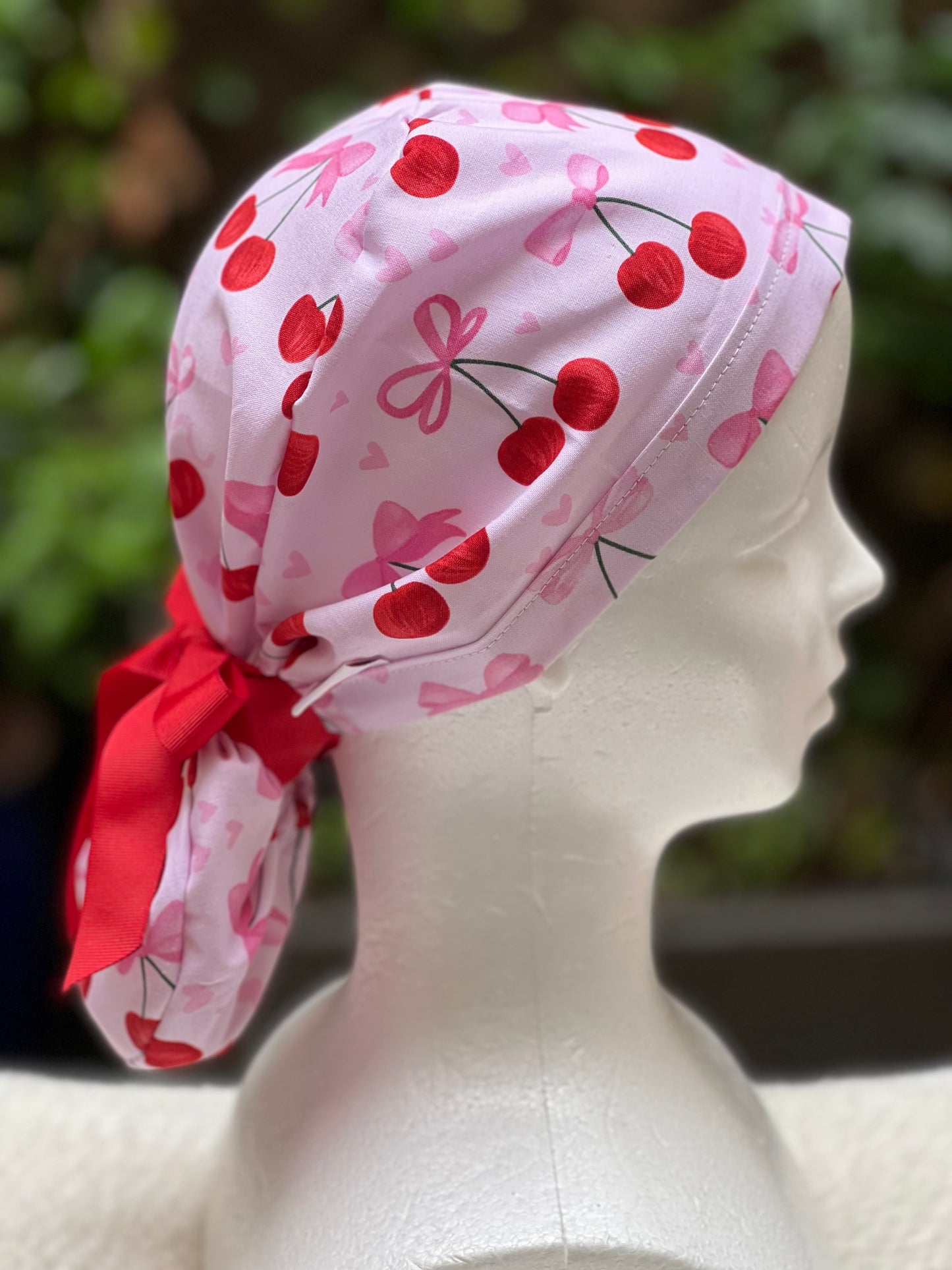 Bows and Cherries Valentines scrub cap