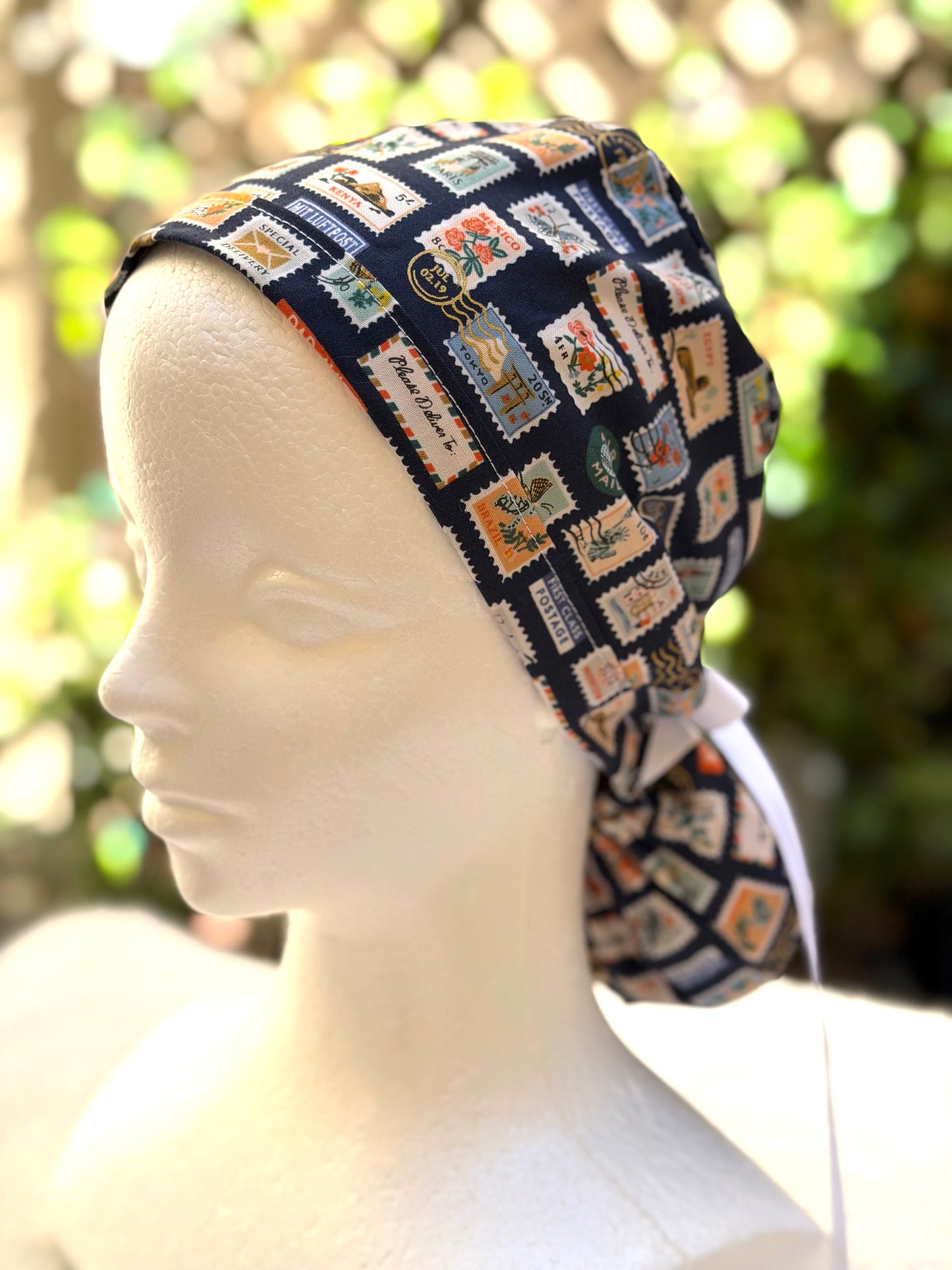 Navy blue postage stamps ponytail scrub cap (Copy)