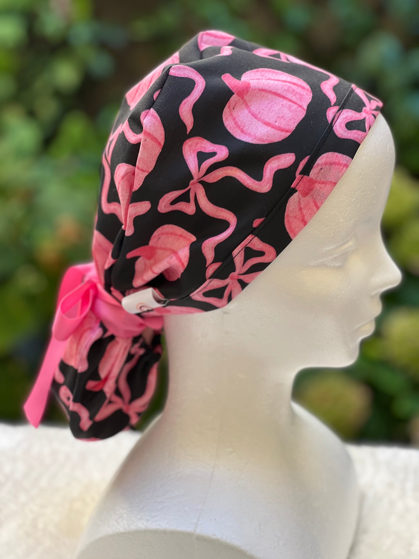 Black and Pink pumpkin with bow scrub cap