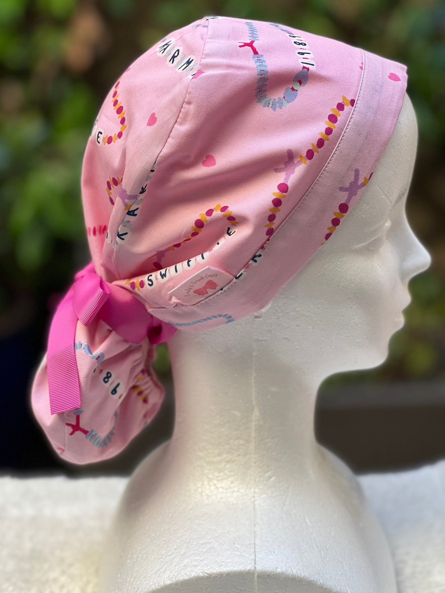 Pink Friendship Bracelet Ponytail Scrub Cap