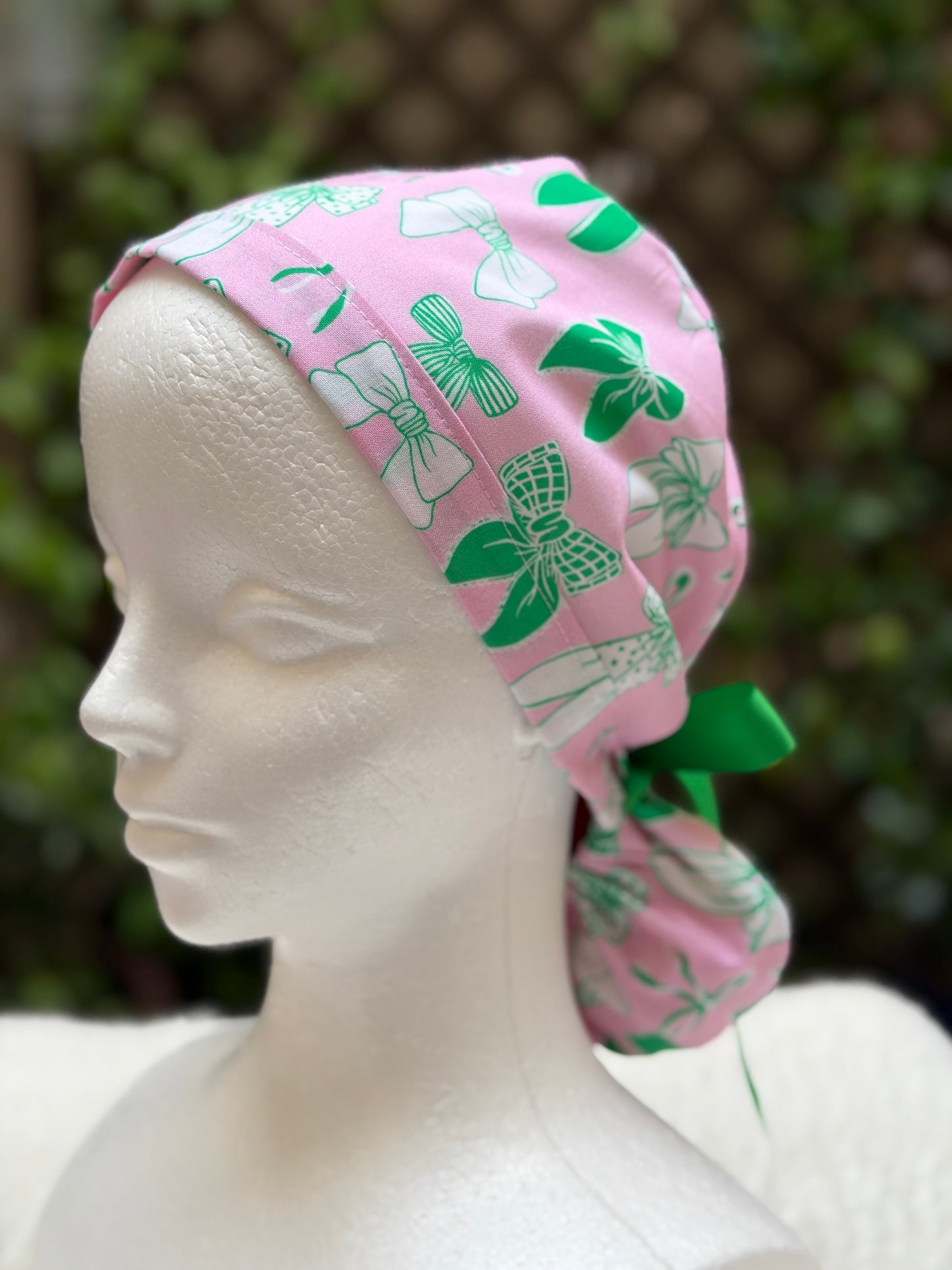 Preppy pink and green bow Ponytail Scrub Cap