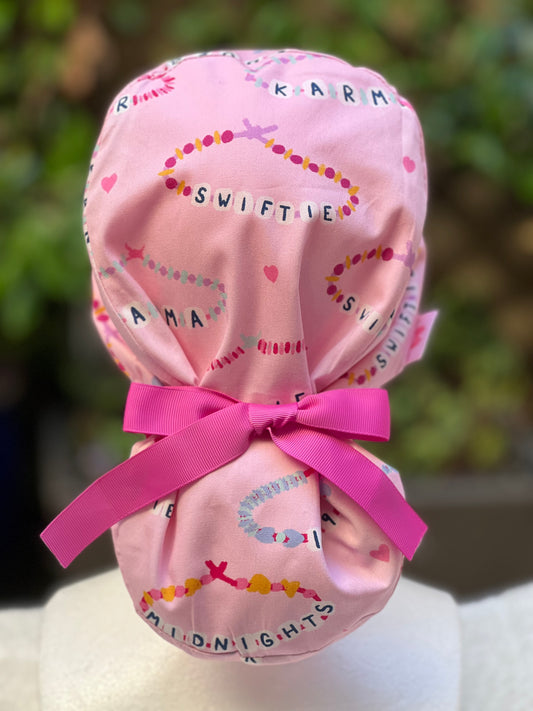 Pink Friendship Bracelet Ponytail Scrub Cap
