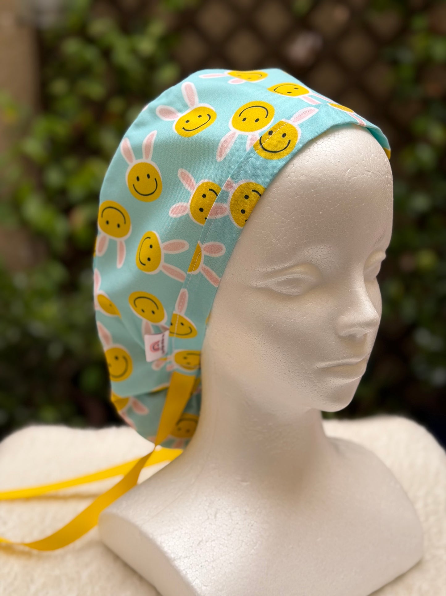 Happy Face Easter Bunny Ponytail Scrub Cap