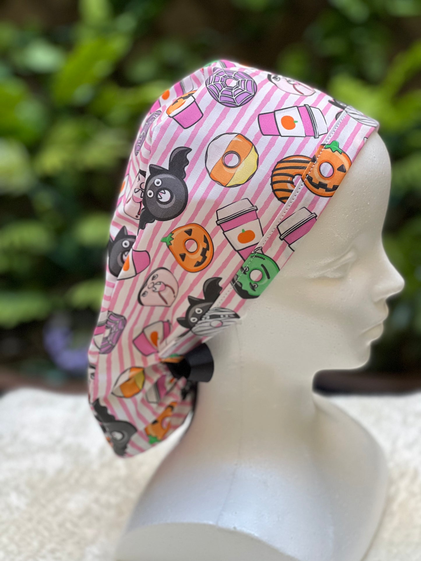 Pink stripe Halloween Ponytail scrub cap