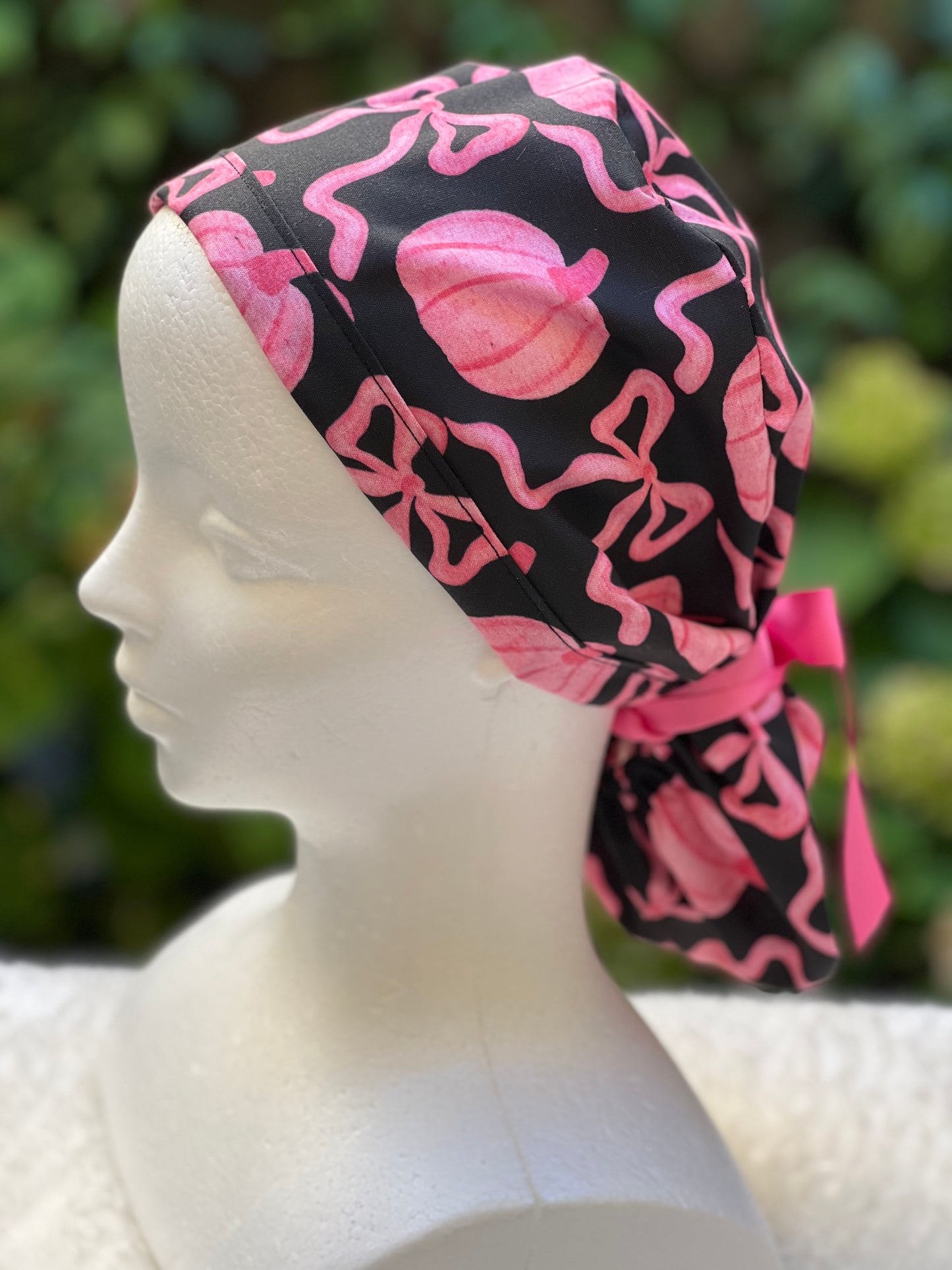 Black and Pink pumpkin with bow scrub cap