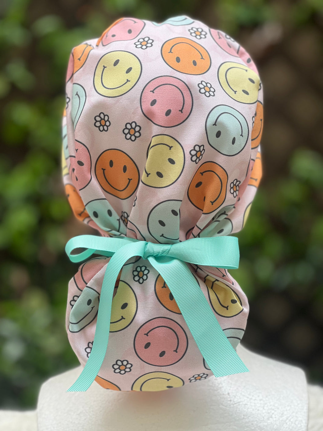 Retro smiley Face Ponytail Scrub Cap