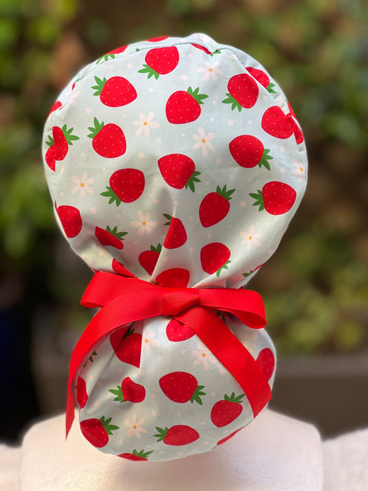 Green strawberry with daisies ponytail scrub cap