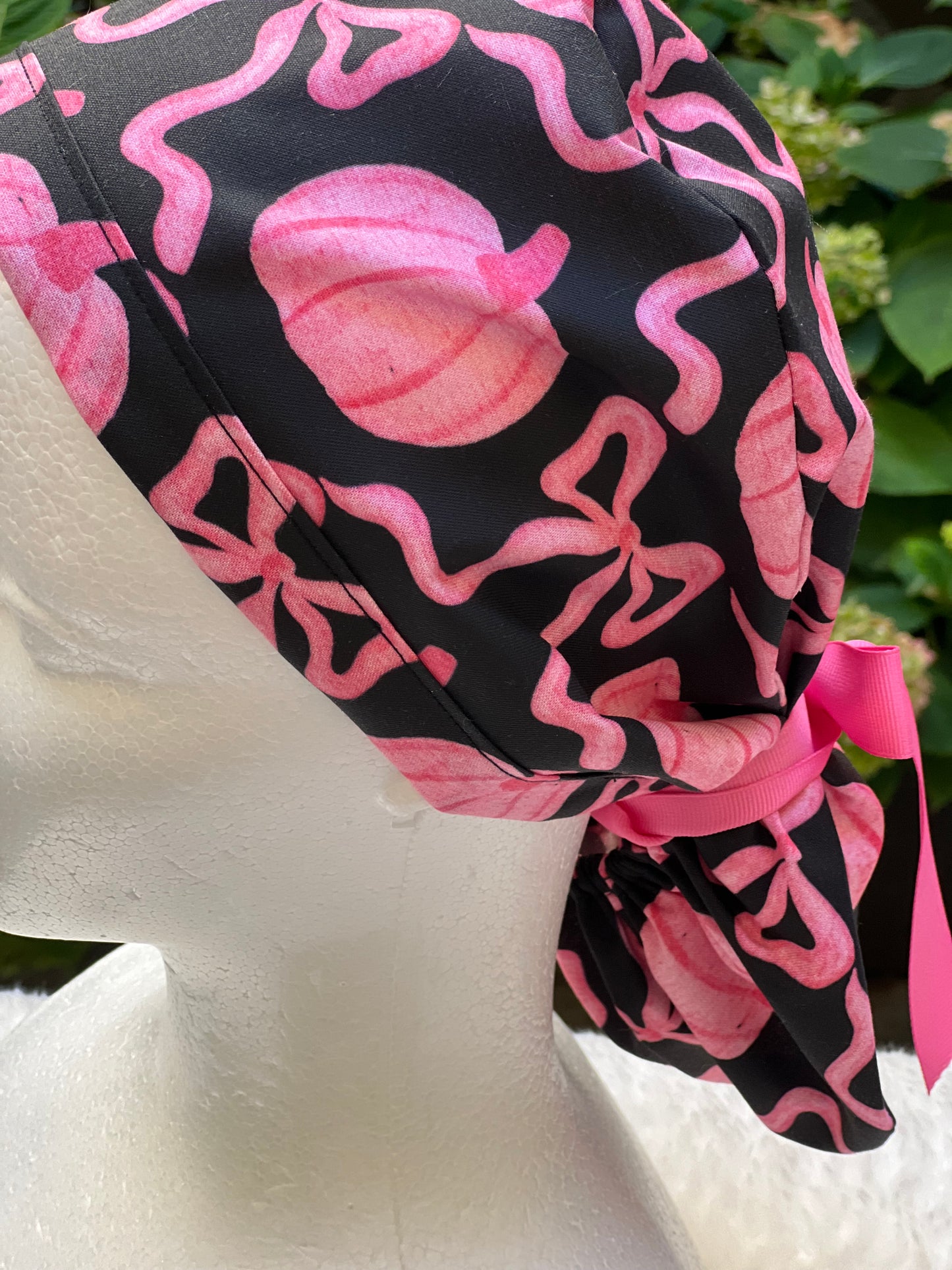 Black and Pink pumpkin with bow scrub cap