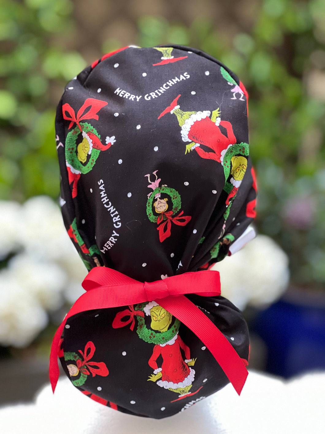 Black grinch ponytail scrub cap