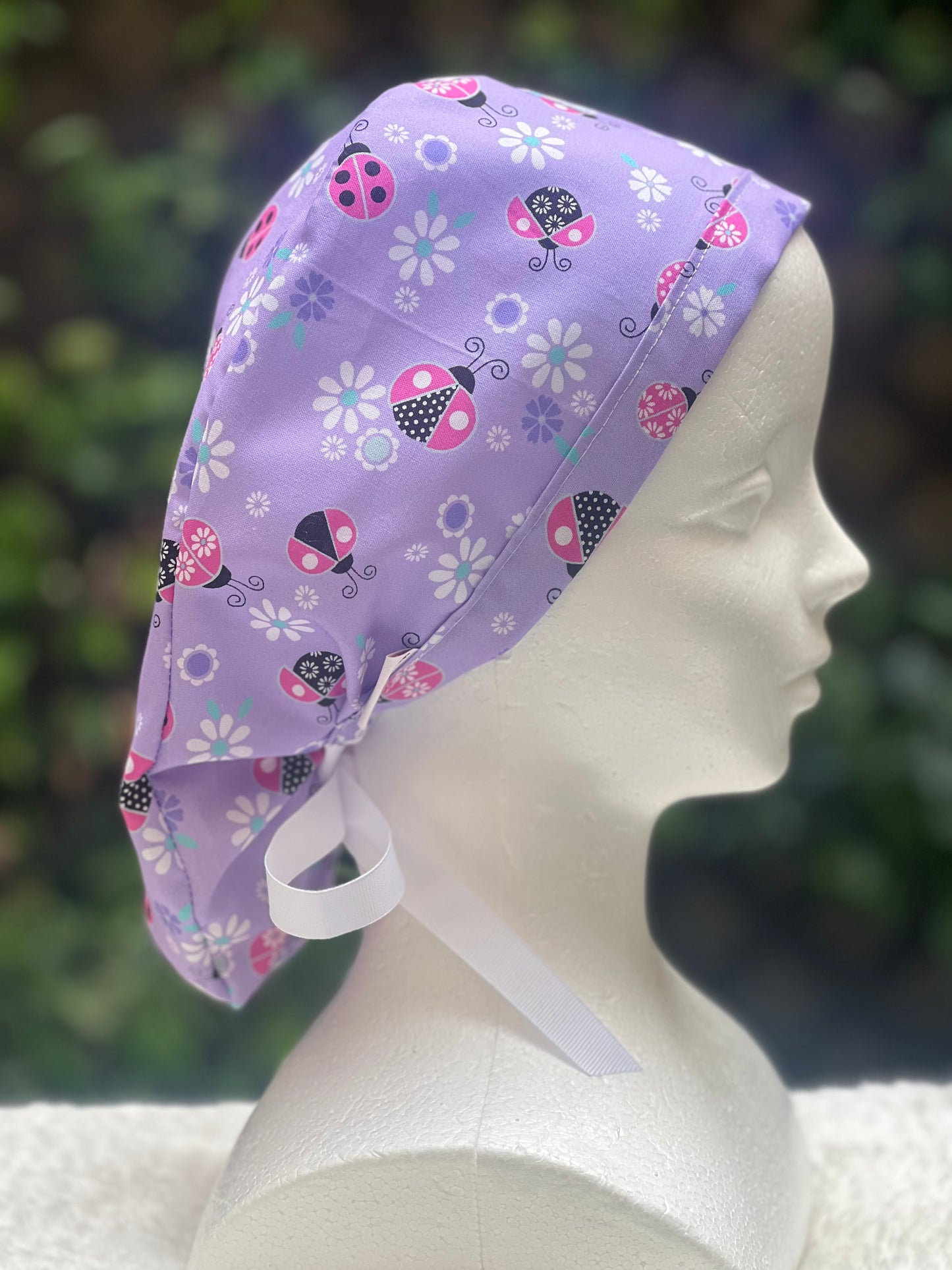 Purple Ladybug Ponytail Scrub Cap