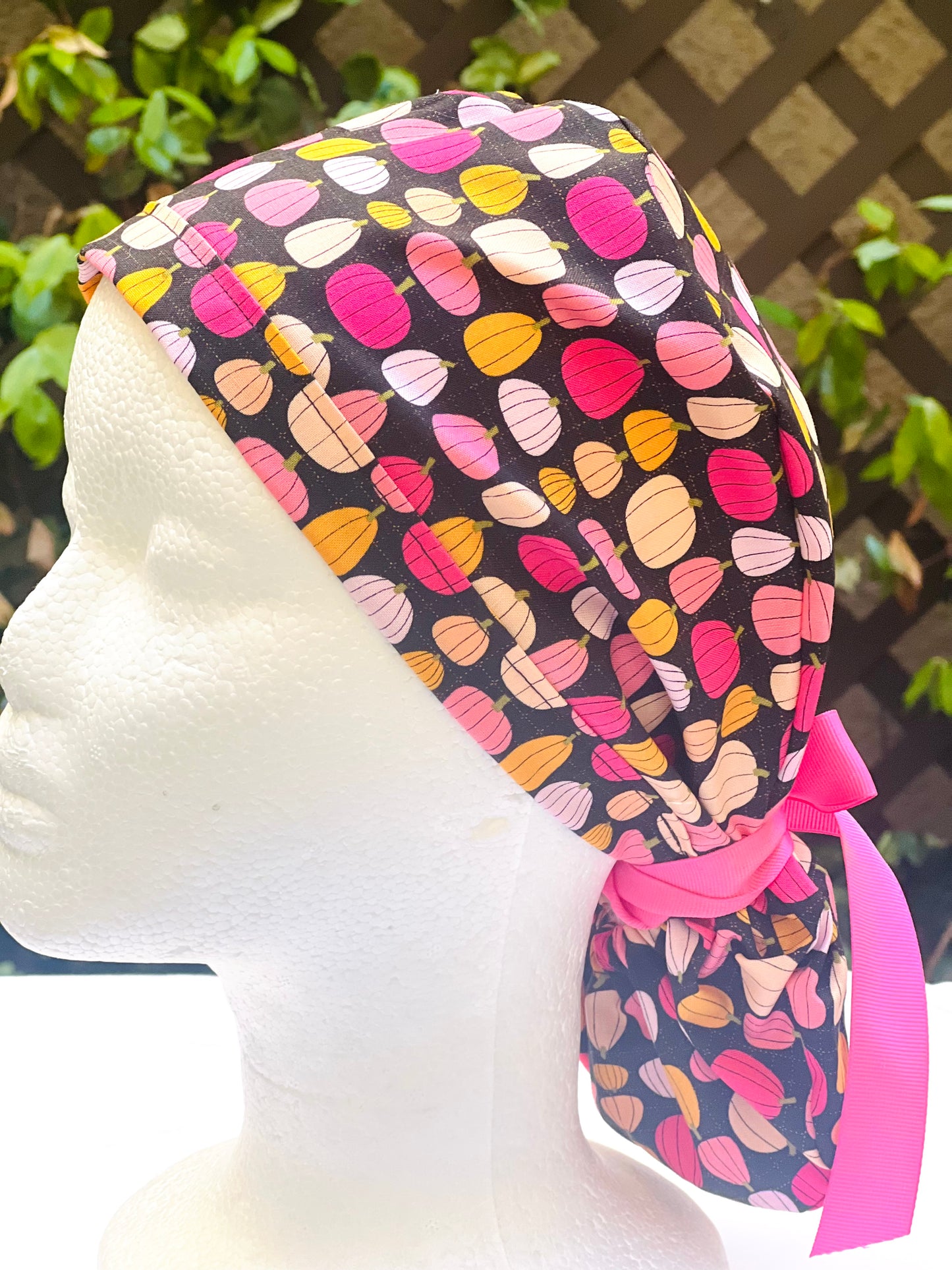 Pink pumpkin in black  Ponytail scrub cap