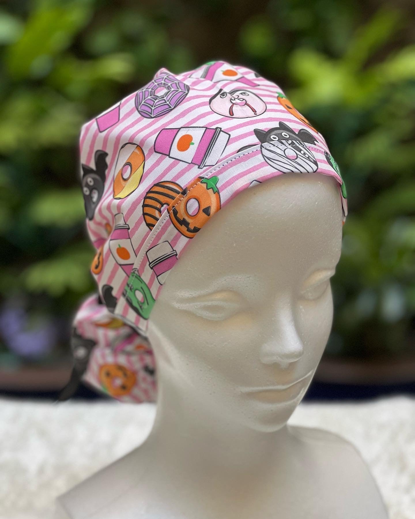 Pink stripe Halloween Ponytail scrub cap