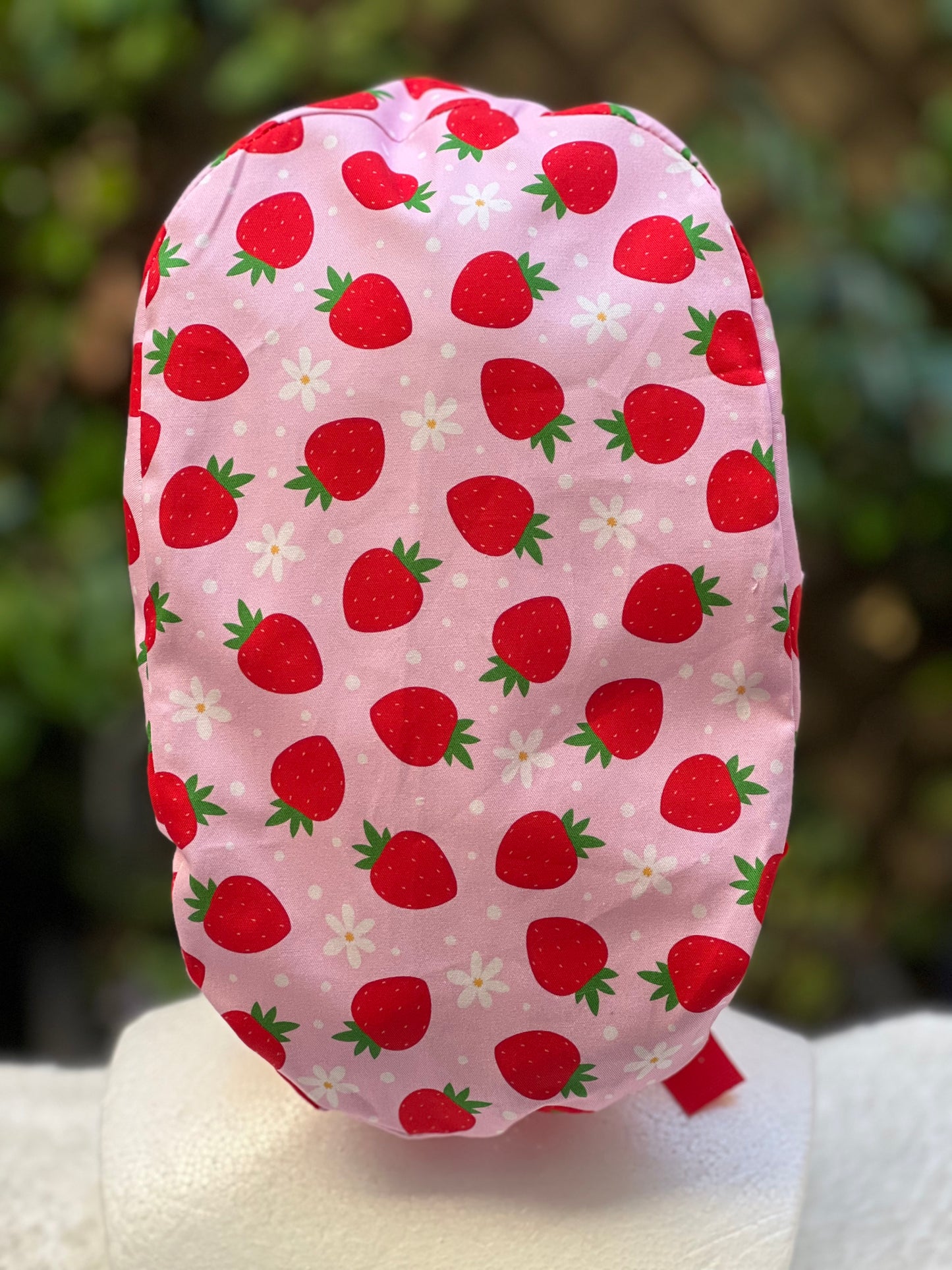 Pink strawberry with daisies ponytail scrub cap