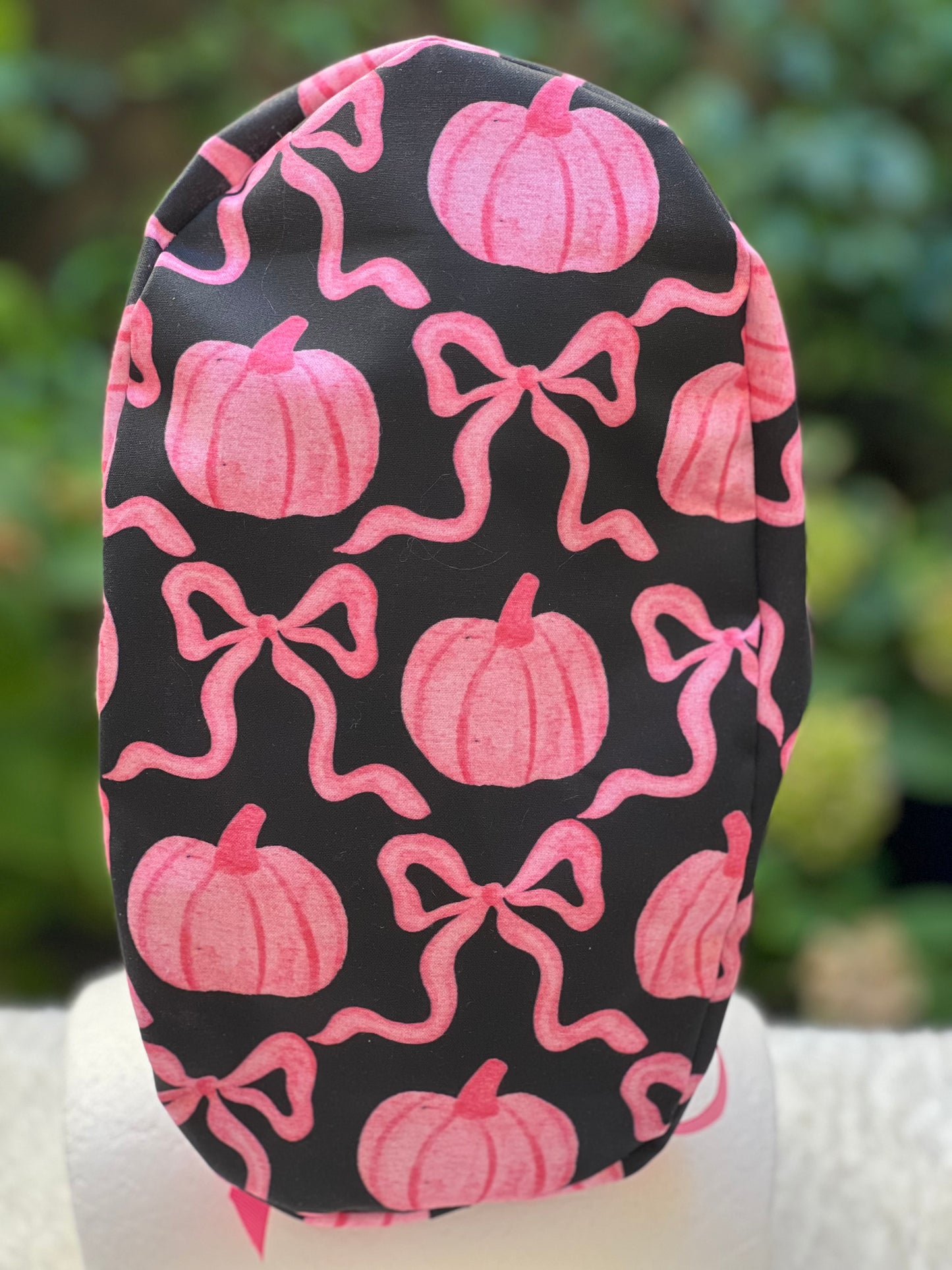 Black and Pink pumpkin with bow scrub cap