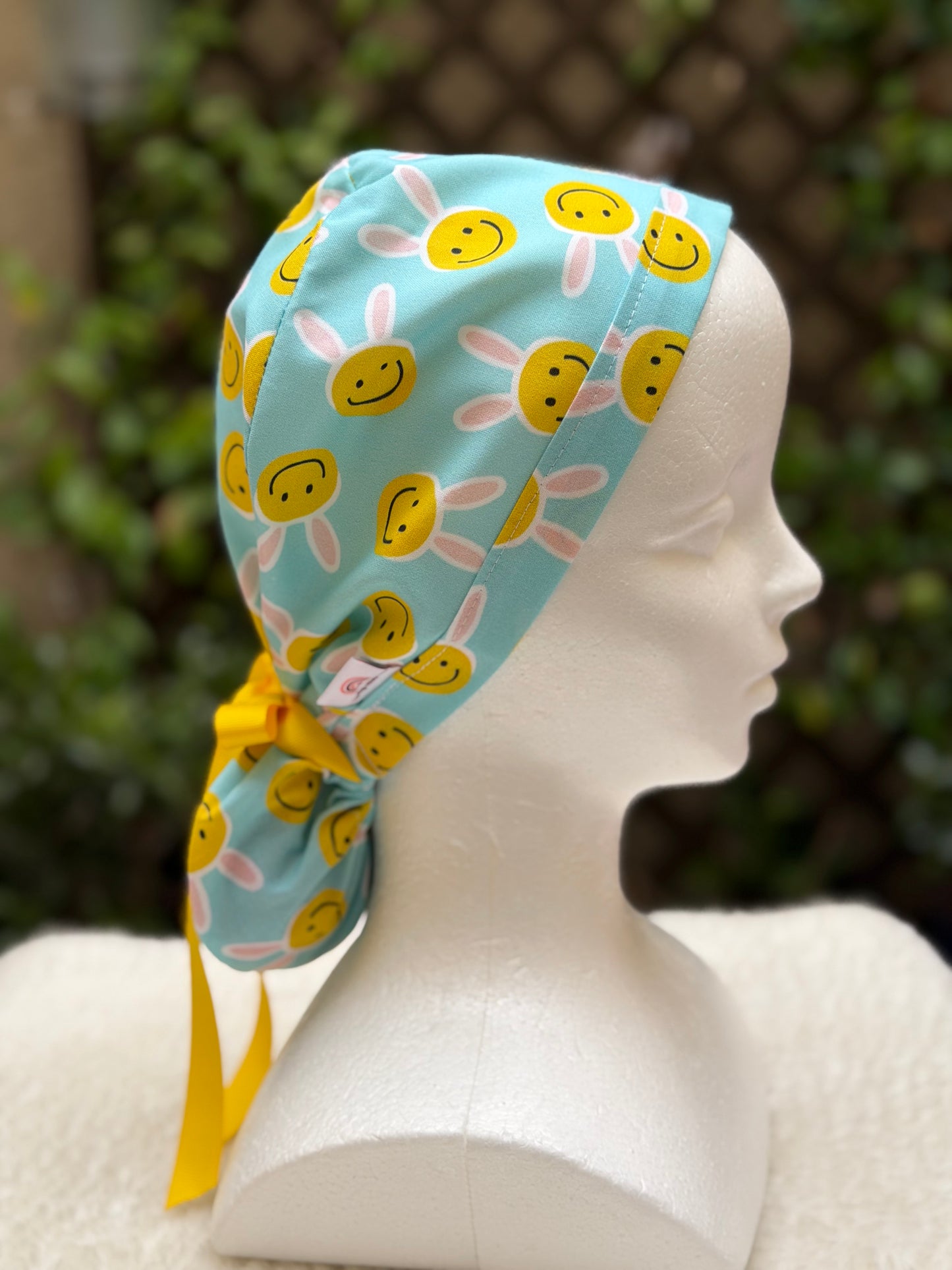 Happy Face Easter Bunny Ponytail Scrub Cap