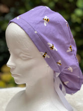 Load image into Gallery viewer, Purple Bees Ponytail Scrub cap

