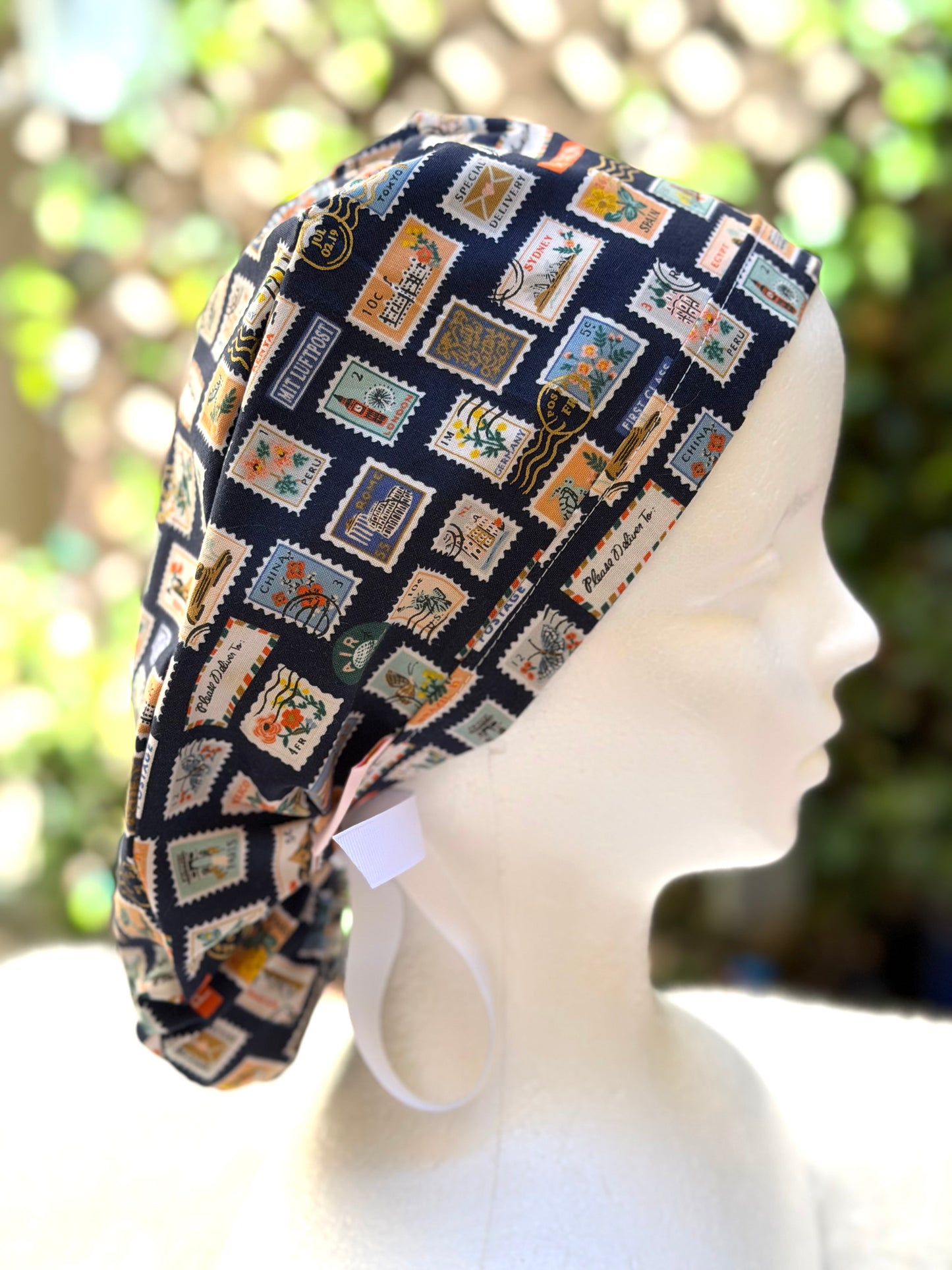 Navy blue postage stamps ponytail scrub cap (Copy)
