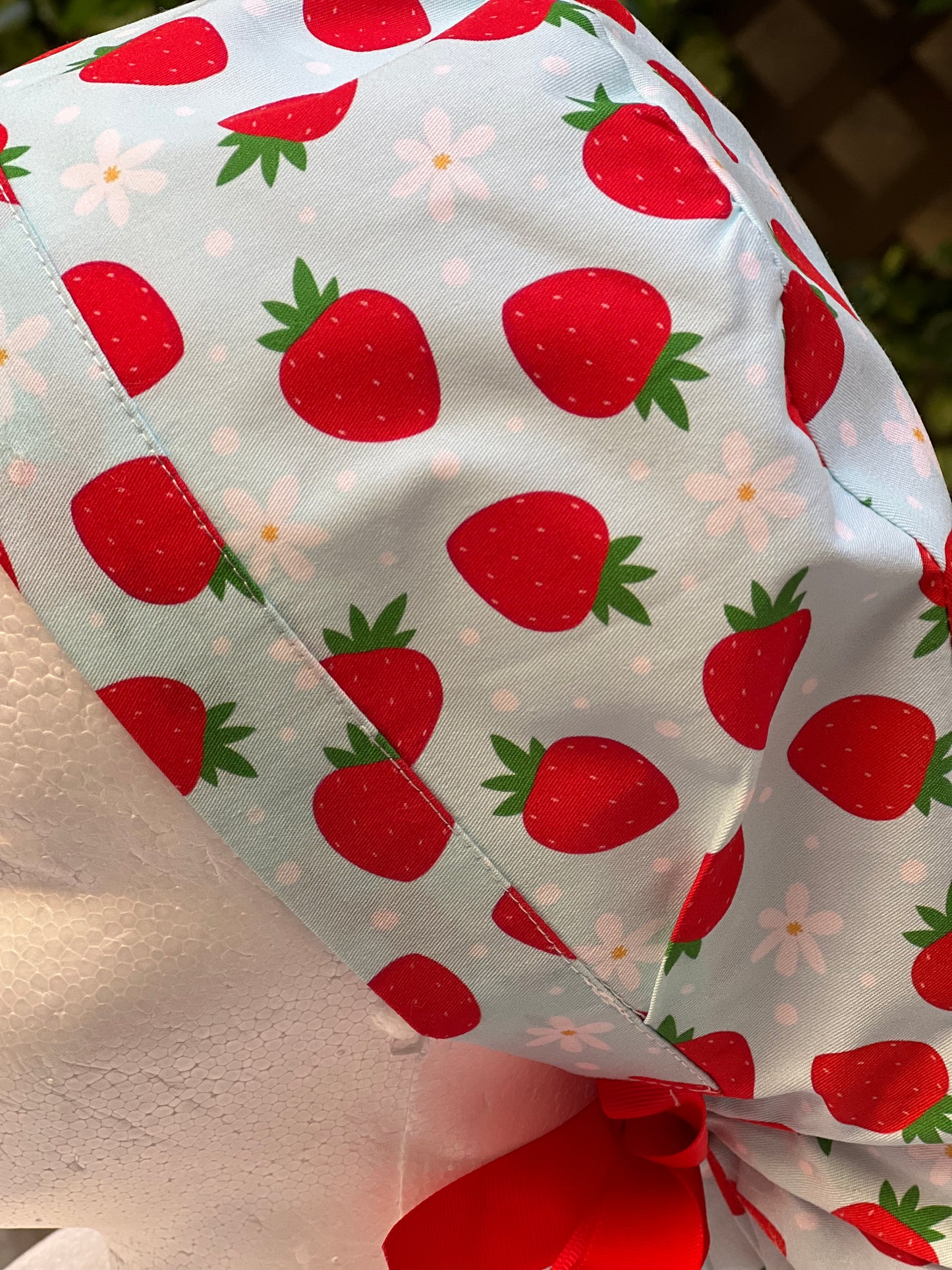 Green strawberry with daisies ponytail scrub cap