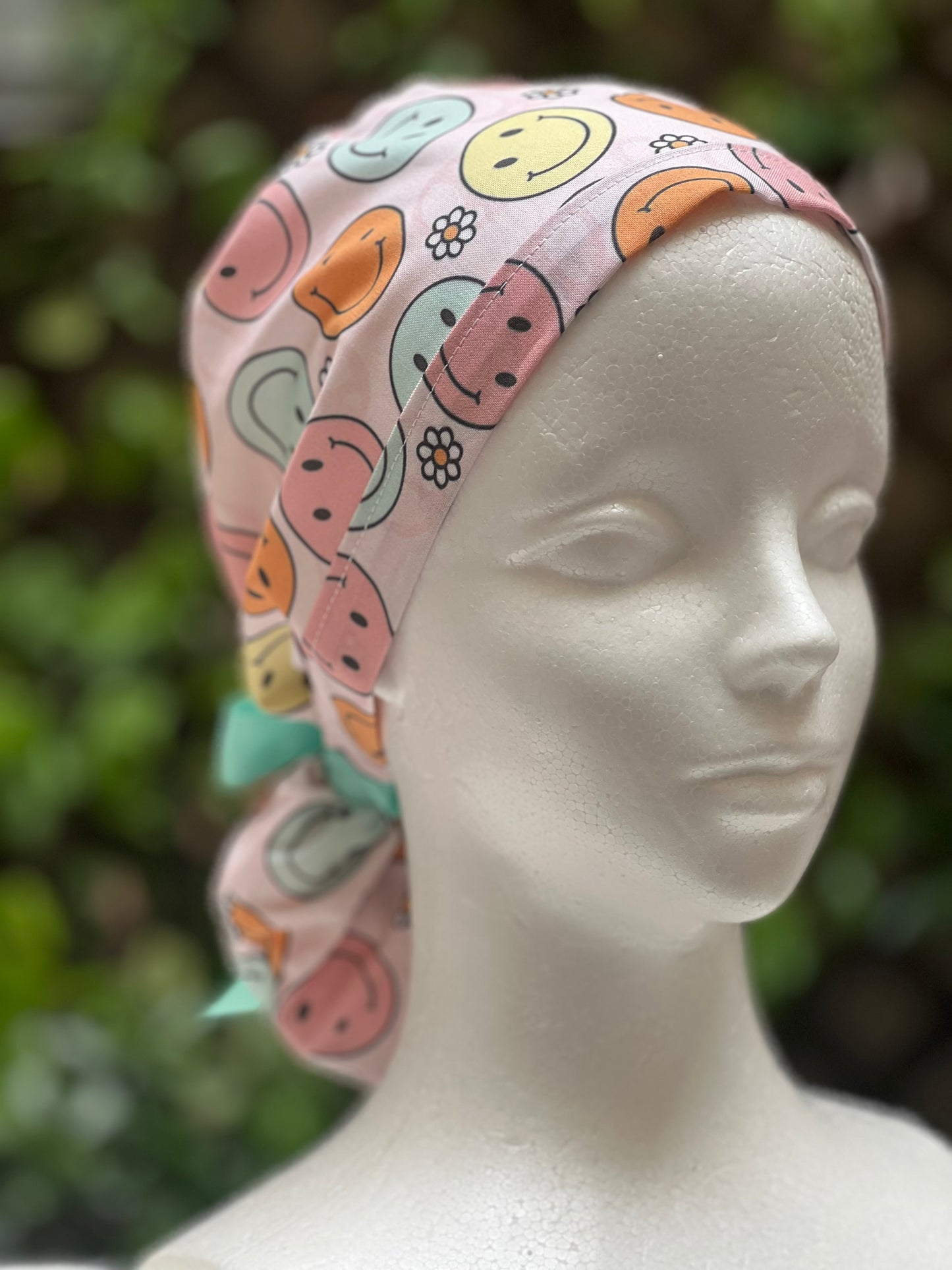 Retro smiley Face Ponytail Scrub Cap