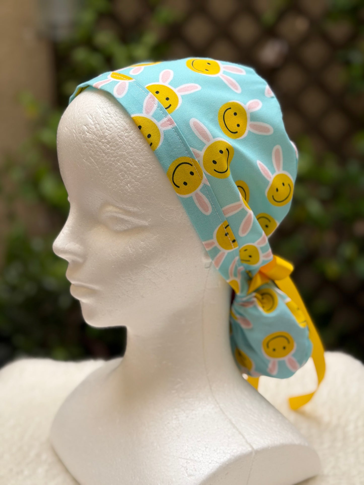 Happy Face Easter Bunny Ponytail Scrub Cap