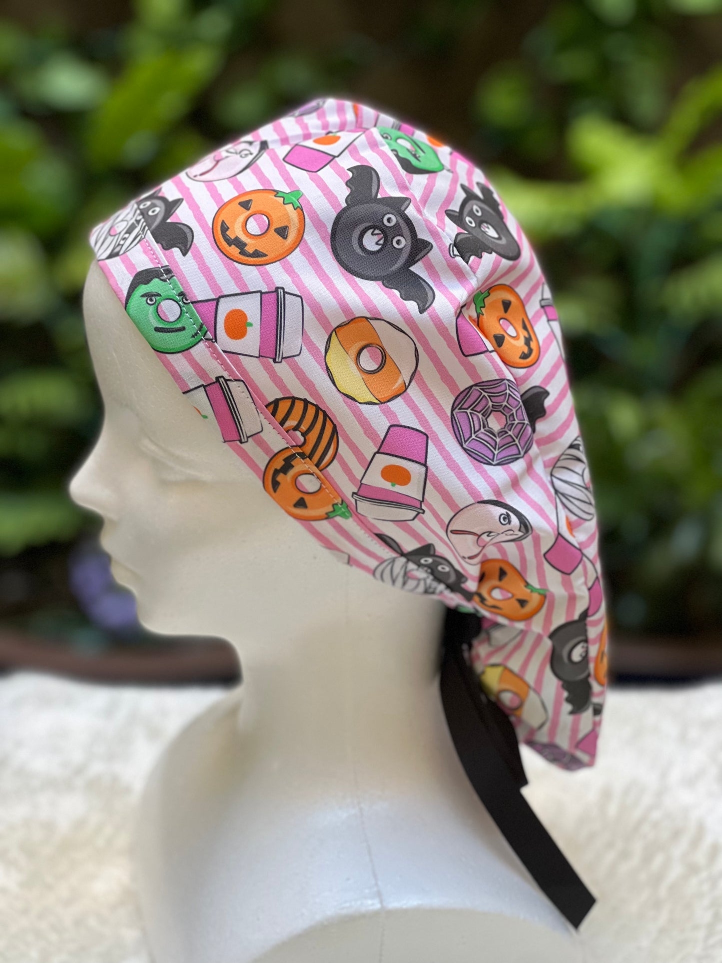 Pink stripe Halloween Ponytail scrub cap