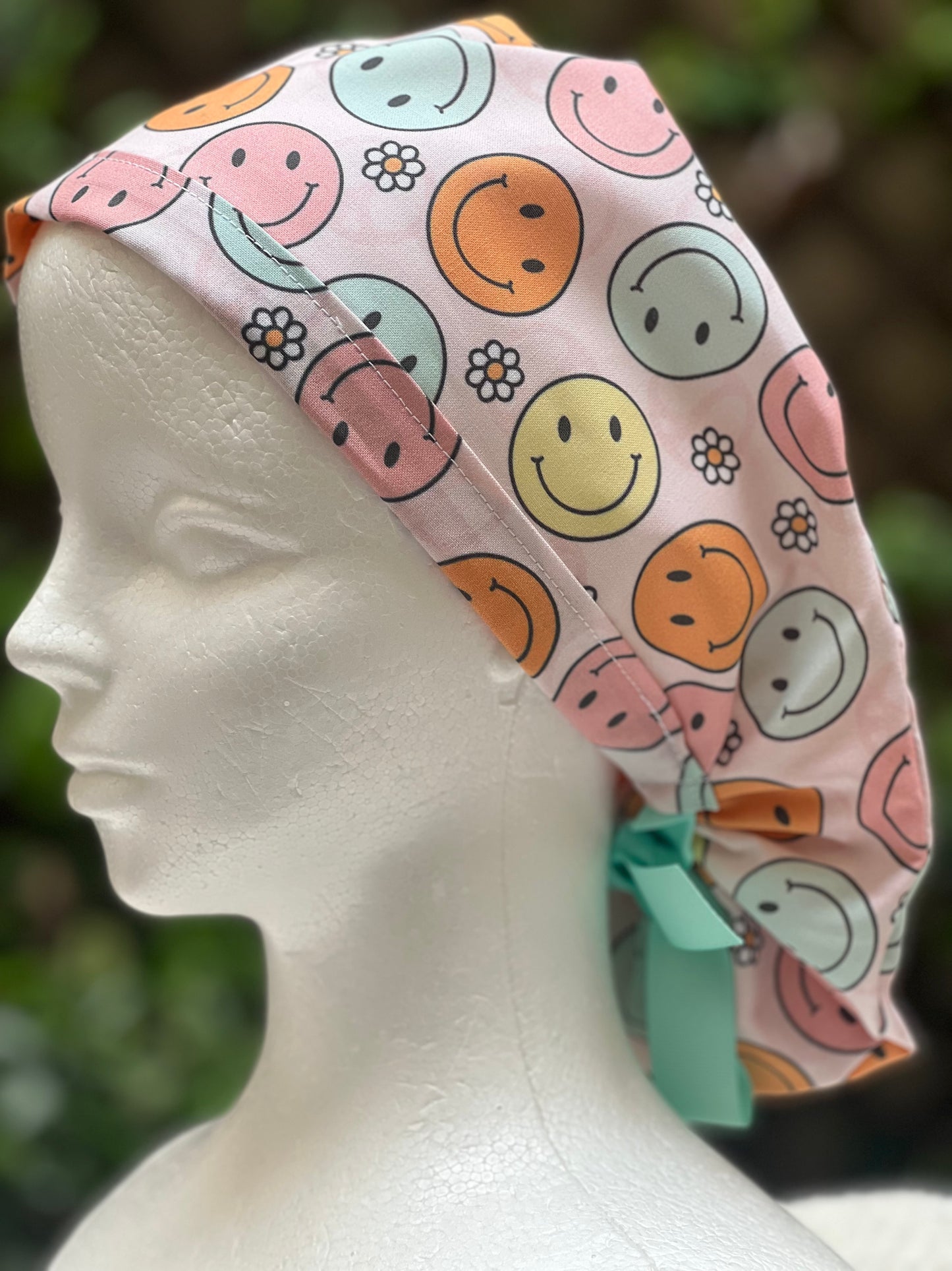 Retro smiley Face Ponytail Scrub Cap