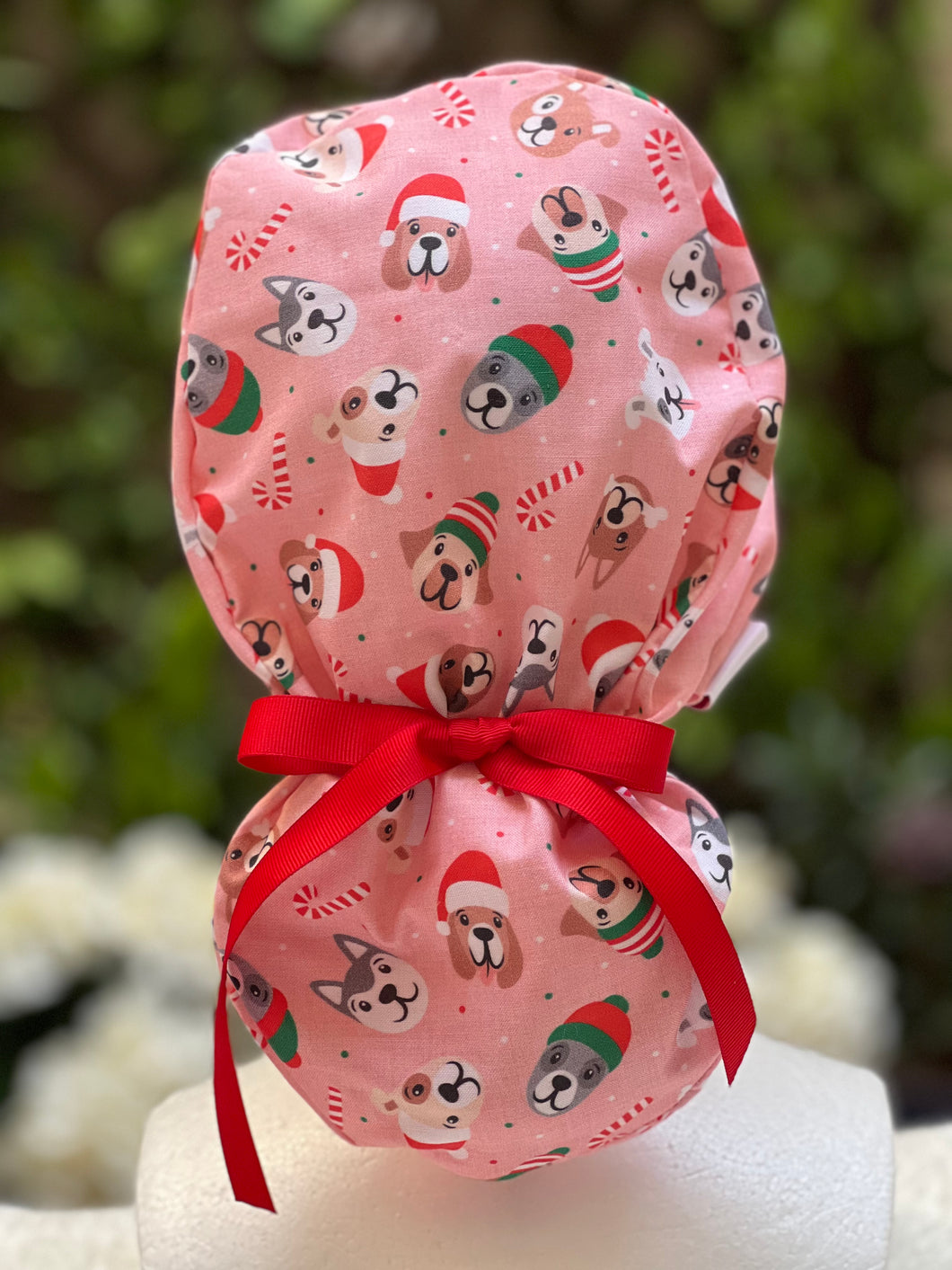 Pink puppy  Christmas bow scrub cap