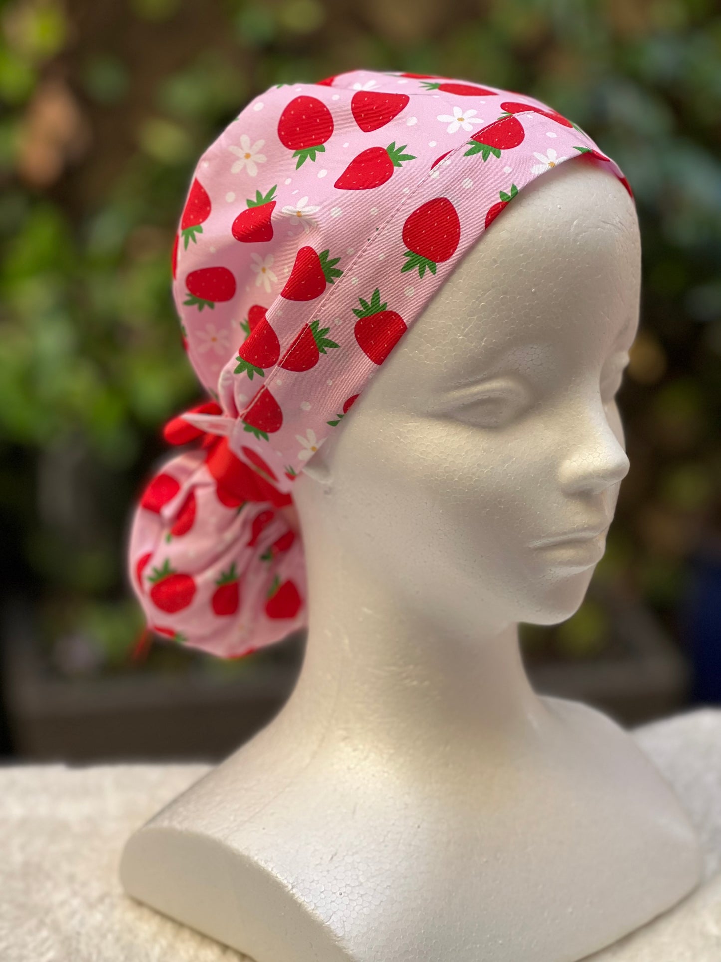 Pink strawberry with daisies ponytail scrub cap