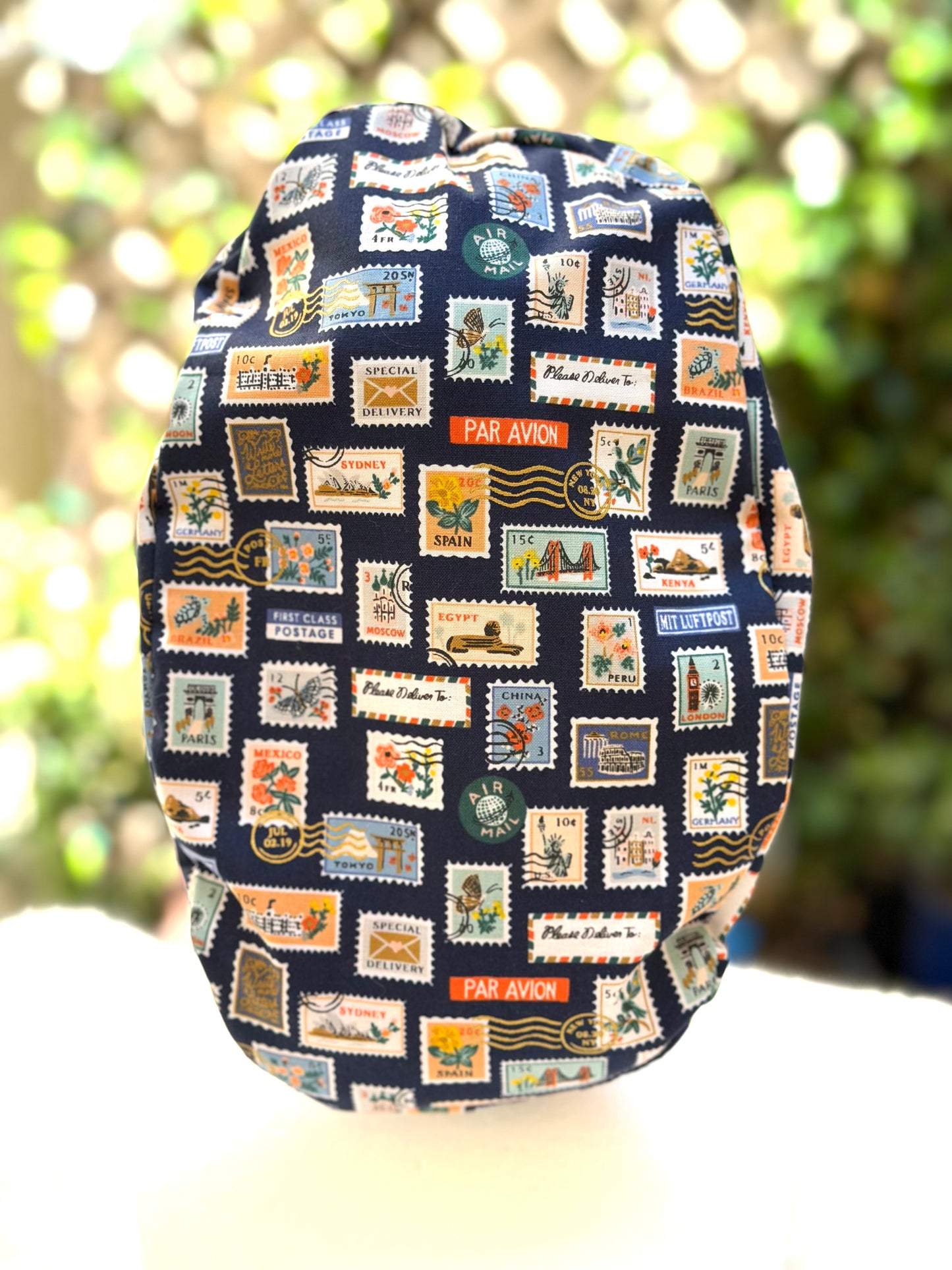 Navy blue postage stamps ponytail scrub cap (Copy)
