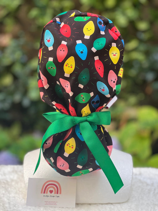 Christmas lights bow scrub cap