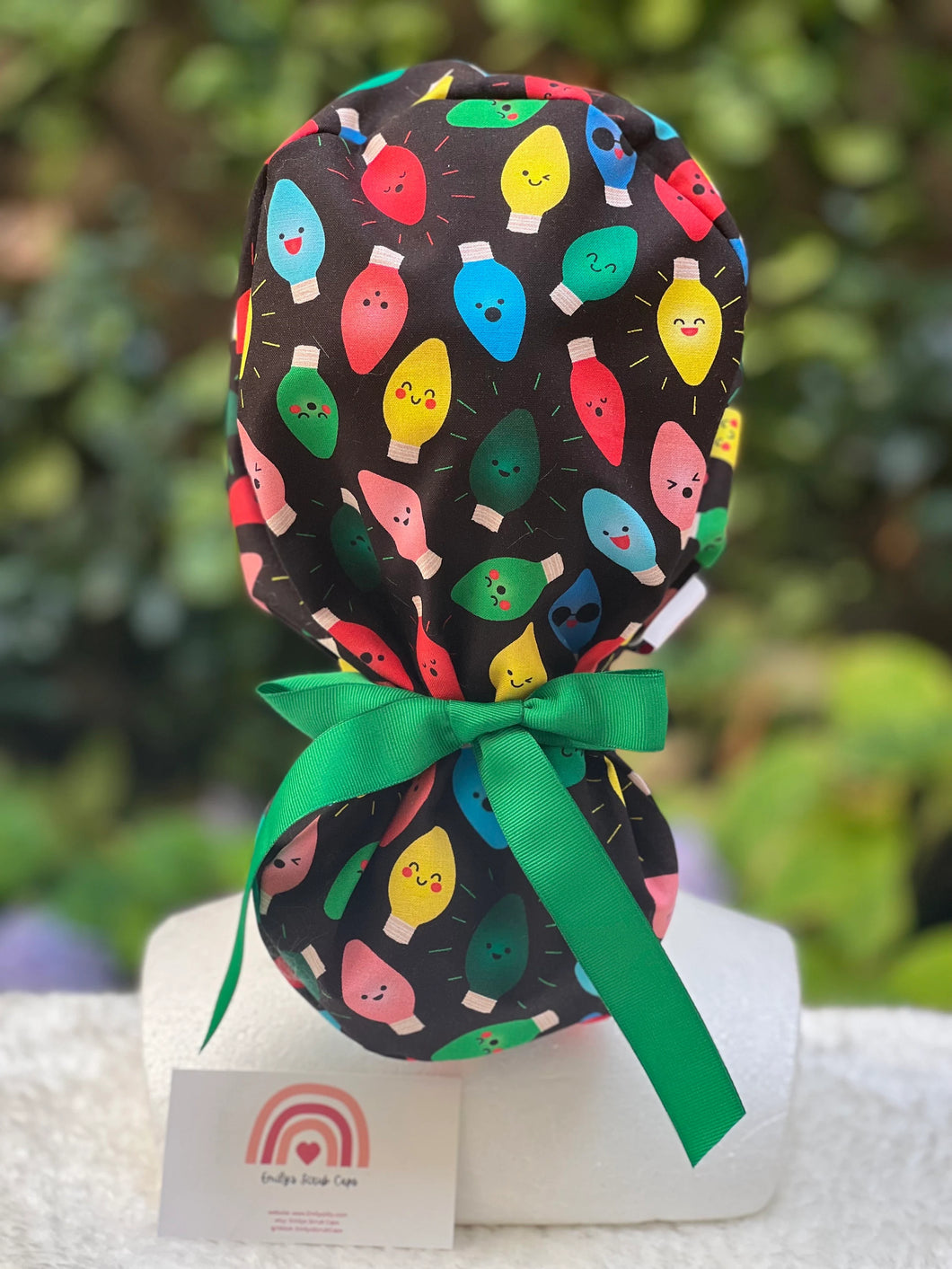 Christmas lights bow scrub cap