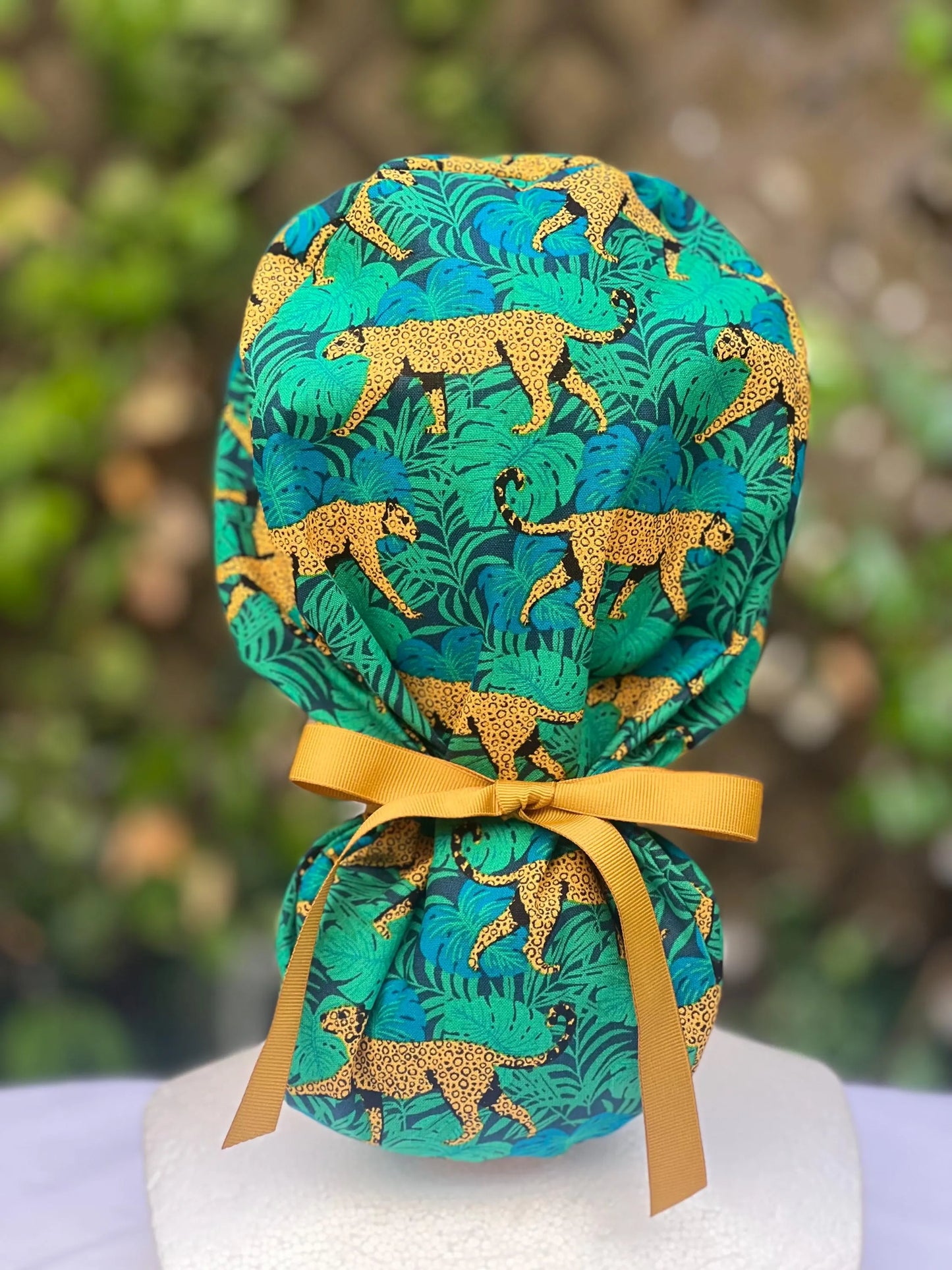 Green leopard Ponytail Scrub Cap