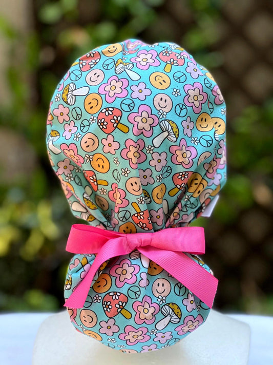 Retro mushroom Ponytail Scrub Cap