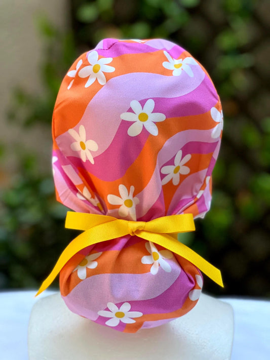 Retro pink and orange Ponytail Scrub Cap